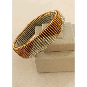 Geometric Beaded Cuff Bracelet Wide Modernist Chevron Boho Statement Metallic